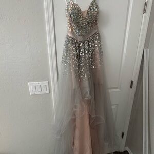 Terani Couture Silver and Cream High Low Dress